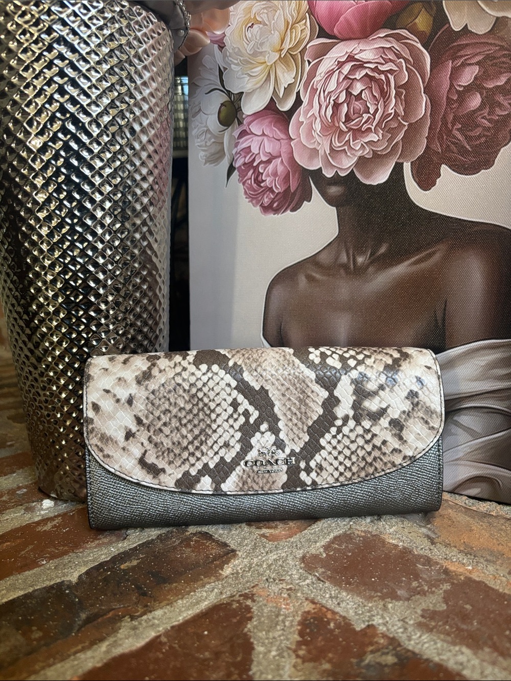Women’s Snake-Print Leather Clutch Wallet - Ivory/Brown